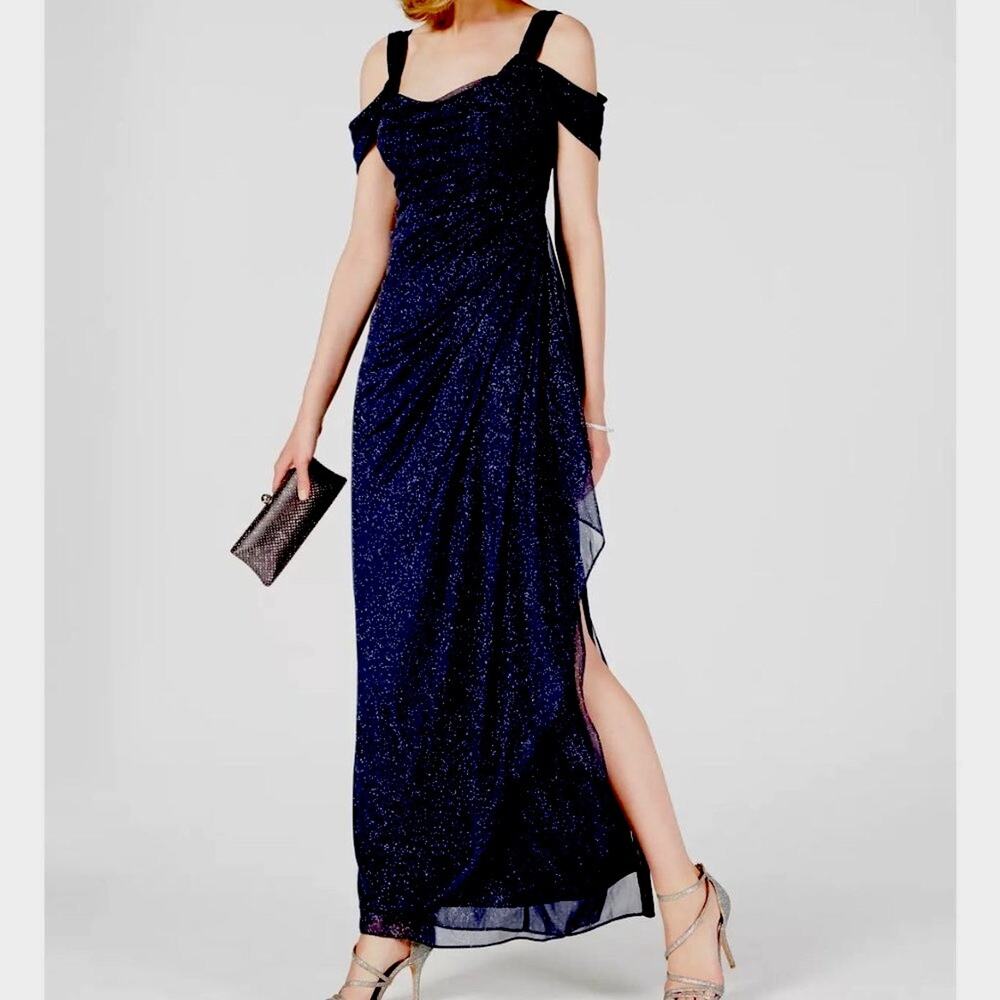 NWT$149 ALEX EVENINGS Cold-Shoulder Draped Metallic Gown size 14